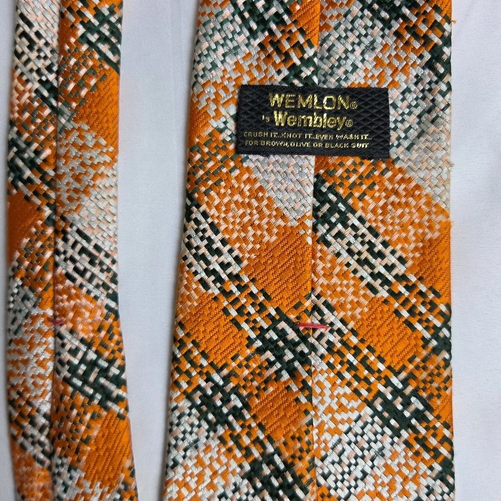 VTG 70s Wemlon By Wembley Tie Wide Orange & Black Plaid Necktie